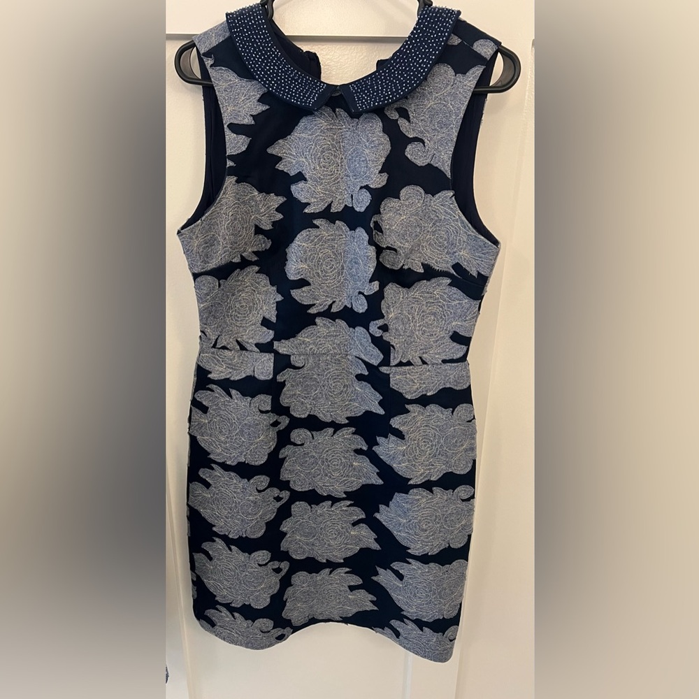 Sleeveless Navy Dress with Heathered Blue Floral Appliqué